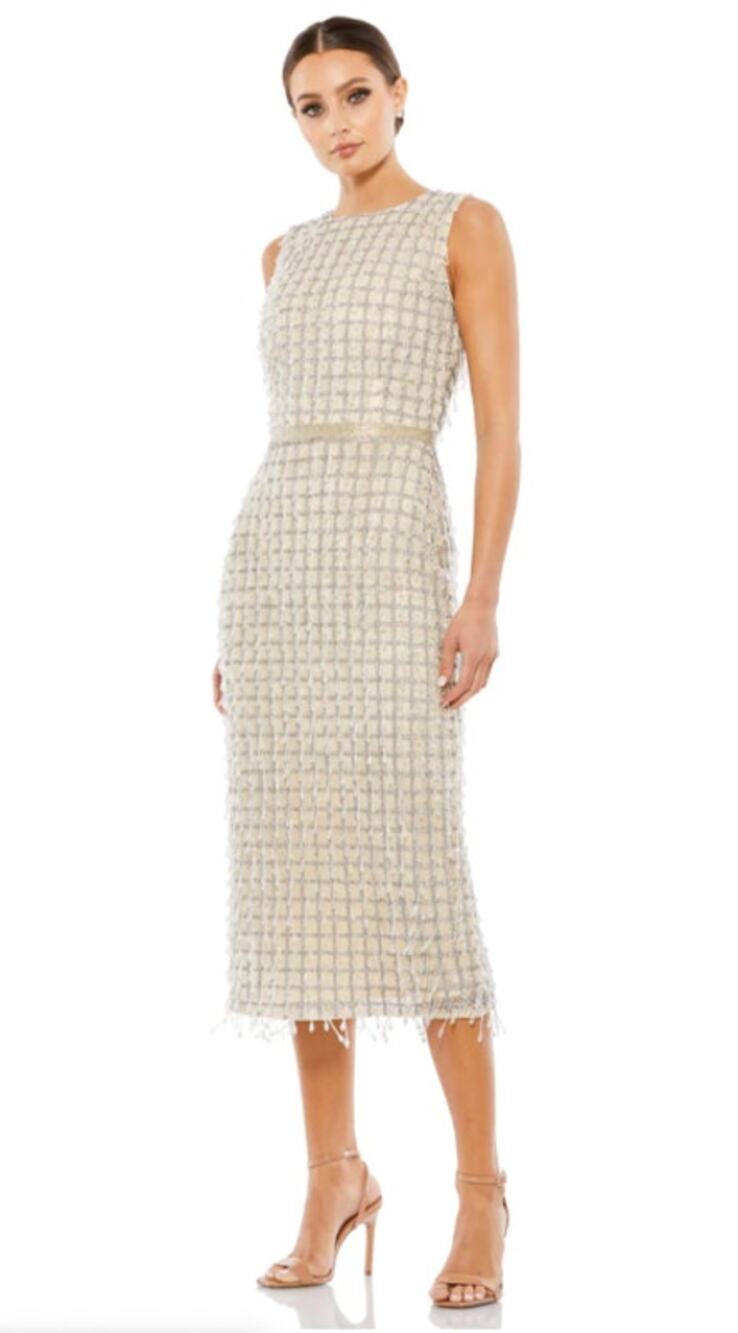 Mac Duggal 14 nude Sleeveless High Neck Beaded Midi Sheath Dress dangling sequin